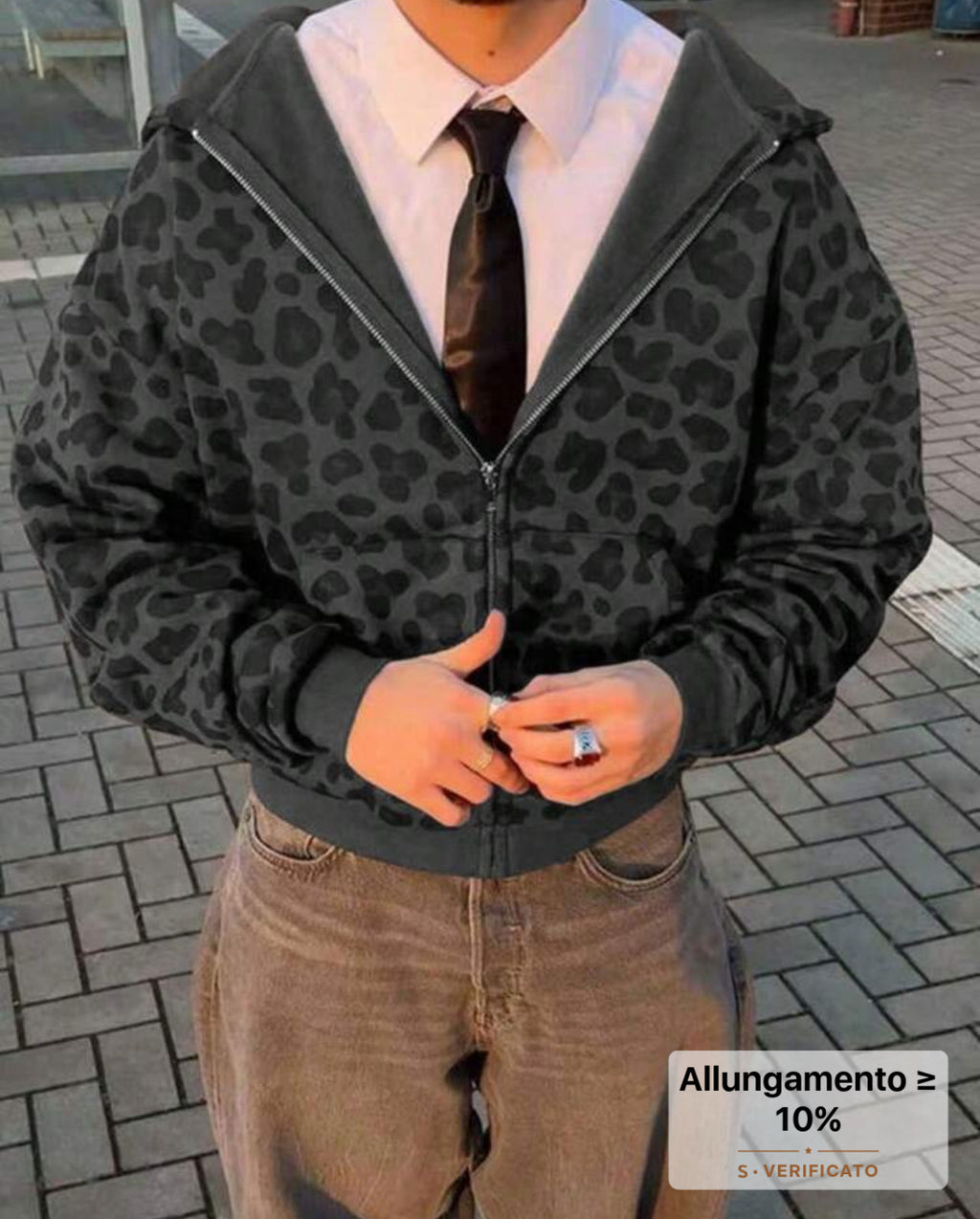 Felpe con cappuccio casual con chiusura lampo, vestibilità morbida, stampa leopardata, da uomo, autunnali