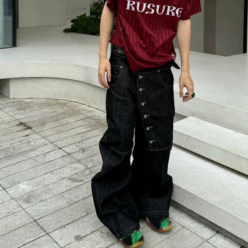 Jeans Baggy Neri con Bottoni – Streetwear 🔥