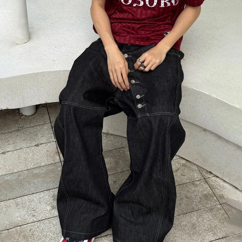 Jeans Baggy Neri con Bottoni – Streetwear 🔥