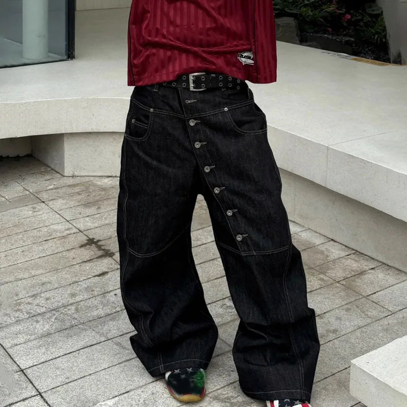 Jeans Baggy Neri con Bottoni – Streetwear 🔥